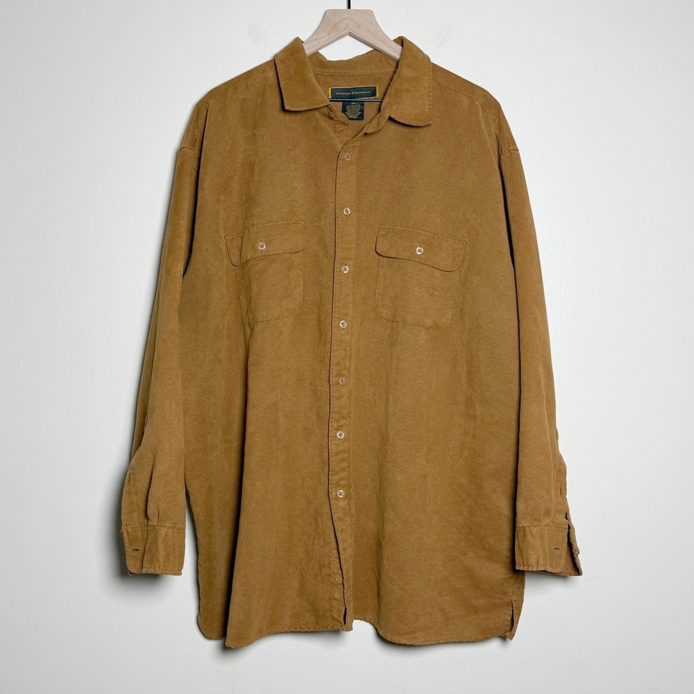 George Foreman Mens Faux Suede Button Down Shirt 3XL Brown Long Sleeve Western